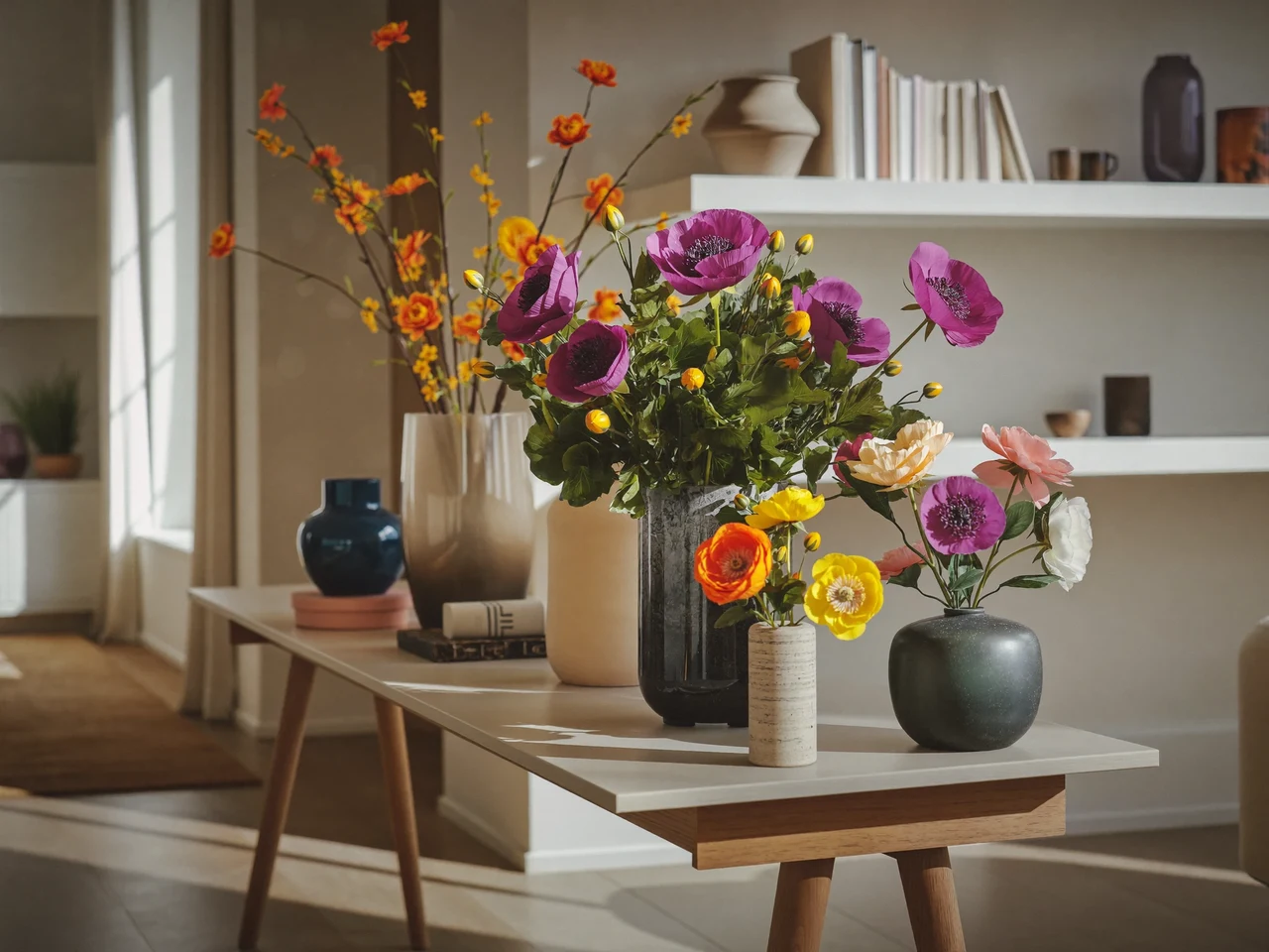 Sonnige Wohnzimmerablage mit bunten Kunstblumenarrangements in verschiedenen Vasen