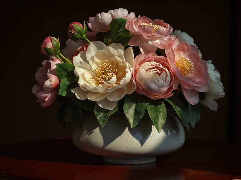 Üppiger Strauß aus künstlichen Pfingstrosen und Rosen in cremefarbener Keramikvase