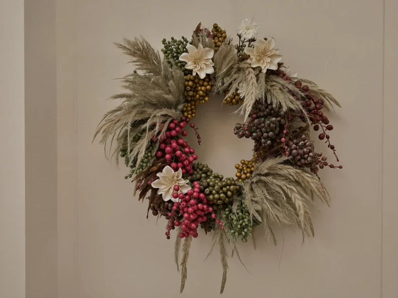 Kunstkranz im Trockenblumen-Look mit Gräsern und Beeren an heller Wand