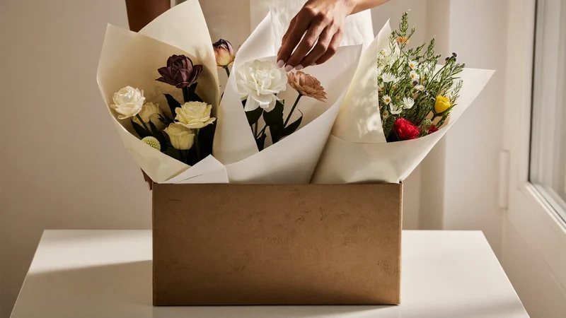 Neutrale Kraftpapierbox, gefüllt mit sorgfältig eingewickelten Kunstblumenstielen